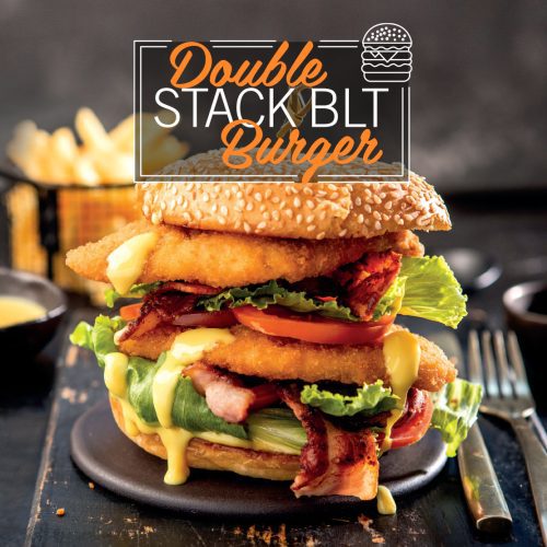 Delight in our Double Stack BLT Chicken Schnitzel Burger! Packed with flavour: schnitzels, bacon, lettuce, tomato, honey mustard sauce.